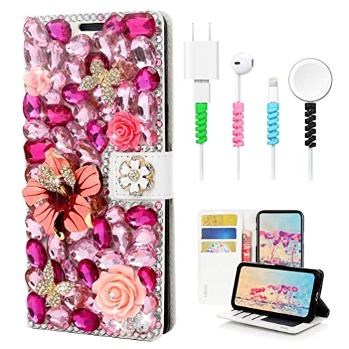 STENES Bling Wallet Phone Case Compatible with Samsung Galaxy A20 / A30 - Stylish - 3D Handmade Flowers Butterfly Design Leather Cover with Cable Protector [4 Pack] - Red