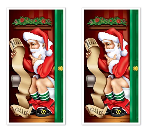 Beistle Santa Restroom Door Covers, 5’ x 30”, 2 Pieces – Festive Funny Winter Decor – Easily Display – Jolly Santa Bathroom Accessories - For Christmas Parties & Holiday Decorations