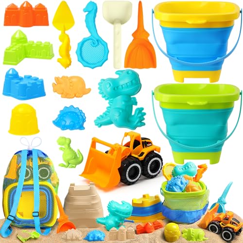 DISHIO Collapsible Beach Sand Toys for Kids Sandbox Beach Toys with Mesh Bag, Collapsible Buckets, Truck, Sand Castle Molds, Shovels, Sieve, Dinosaur Travel Beach Toys Kit for Kids Toddlers Outdoor
