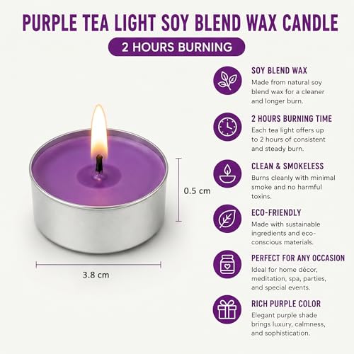 Image of Unscented Tea Light Candles | Soy Wax Blend Long-Lasting with Cotton Wick | Perfect for Home Decor, Parties, Weddings, and More | Set of 100 (Purple)