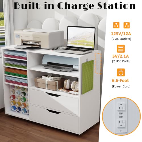 Dooloric Craft Organization and Storage Cart Compatible with Cricut Machines, Rolling Craft Table Organizer with Charge Station Vinyl Roll Holder, Drawers, Craft Storage Cabinet for Craft Room Home