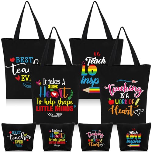 Oudain 8 Pcs Teacher Appreciation Gifts for Women Graduation Gifts Canvas Tote Bag Cosmetic Toiletry Canvas Makeup Bags with Zipper for Teacher Birthday Farewell Parties
