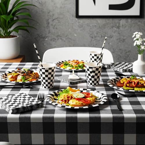 Image of Funnymoom 452 Pcs Checkered Flag Party Supplies for 50 Guests, Black and White Checkered Paper Plates Napkins Cups Tablecloth Cutlery Straws for Race Car Birthday Party Decorations