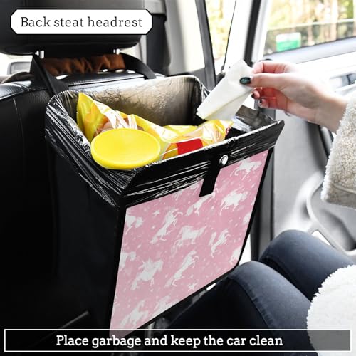 Image of Car Trash Can Organizer Bin with Adjustable Strap for Back Front Seat Console Waterproof Leakproof Collapsible Portable 8.66 Inch Pink Unicorns Silhouette and Stars