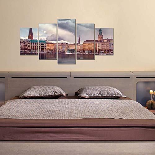 5 Pieces Modern Canvas Painting Wall Art The Picture For Home Decoration Dawn Dusk Hamburg Harbor Homes Canal Cathedral Cityscape Print On Canvas Giclee Artwork For Wall Decor #TOP5