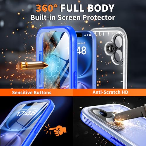 Cozycase TOP Military IP68 Waterproof Case for iPhone 16 - Heavy Duty 360 Shockproof Full Body with Screen Camera Protector Double Water Dust Drop Proof Hard Rugged Tough Cover Blue/Frosted Clear by Cozycase - Image 5