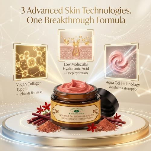 Image of Herbs & Greens Kumkumadi Red Sandalwood Gold Face Cream With Vegan Collagen, Low Molecular Hyaluronic Acid & Hydrating Aqua Gel Technology | Deep Hydration, Radiant Glow, Wrinkles & Firmer Skin | Pigmentation Dark Spots | Anti Aging Moisturizer For Woman & Men | Oily /Dry /Combination Skin | Day & Night Repair | Derma Tested Safe | 50 gm