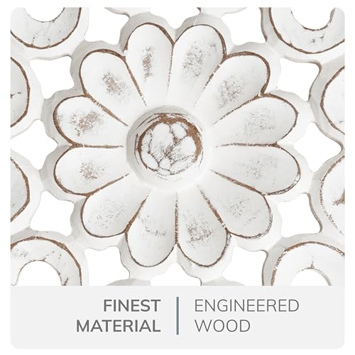 Image of JFY Designs Blasius Hand Carved Wood Medallion Wall Panels Bedroom Decor | Wall Mount Floral Sculpture Wall Art for Living Room, Bedroom Set, White Distressed Finish, Round 24 x 24 inch