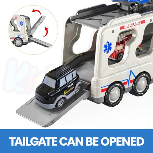 Image of Kidology 5 in 1 Ambulance Truck Toys for Kids Ages 3+ Years - Friction-Powered Cars with Light & Music, Educational Transport Truck Toy Vehicle for Boys & Girls, Birthday Gift