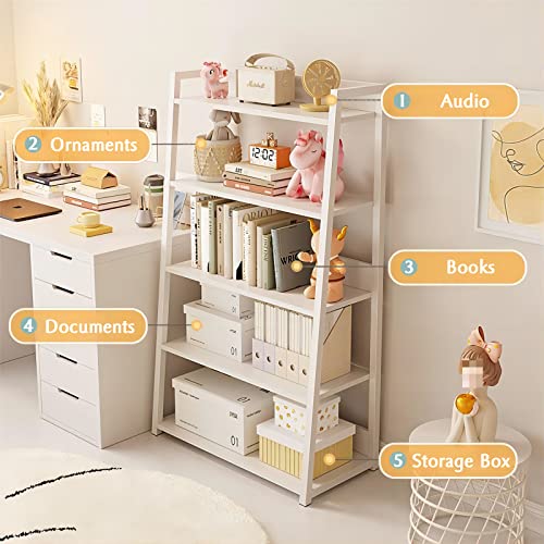 Iotxy 5-Tier Ladder Shelf Bookcase - Wooden Open Bookshelf With Metal Frame, Display Rack For Living Room, Bedroom, Kitchen, And Home Office, White #TOP1