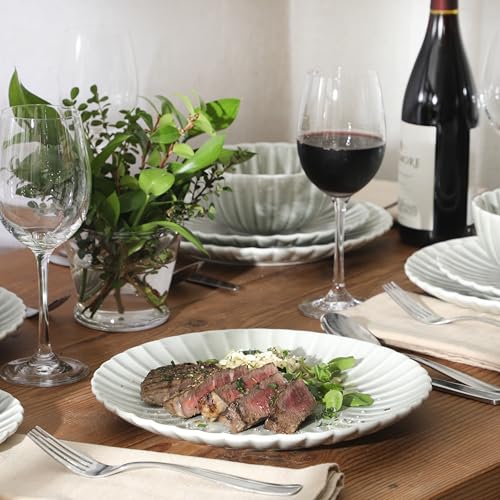 Image of Gibson Elite Peach Orchard 12-Piece New Bone China Dinnerware Set Service for 4, Embossed Fluted Plates and Bowls, Dishwasher and Microwave Safe, Sage Green