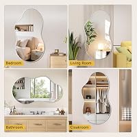 Hasipu Unregelmäßiger Wandspiegel Asymmetrischer Spiegel, 60 x 90 cm Dekorativer Spiegel für Schlafzimmer Badezimmer Wohnzimmer Eingangsbereich, Moderne Wanddekoration, Silber Rahmen – Ansicht 4