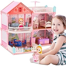 UNIH Doll House Dreamhouse for Girls, Dollhouse with Flashing Lights, 2 Dolls Toy Figures DIY Building Pretend Playhouse with Accessories and Furniture, Gift Toy for Kids Ages 3+