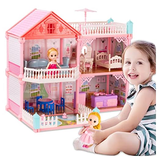 UNIH Doll House Dreamhouse for Girls, Dollhouse with Flashing Lights, 2 Dolls Toy Figures DIY Building Pretend Playhouse with Accessories and Furniture, Gift Toy for Kids Ages 3+