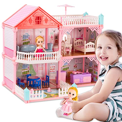 UNIH Doll House Dreamhouse for Girls, Dollhouse with Flashing Lights, 2 Dolls Toy Figures DIY Building Pretend Playhouse with Accessories and Furniture, Gift Toy for Kids Ages 3+