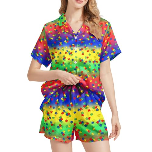 Image of Funny Satin Pajamas Set for Women Button Down Sleepwear Print Pjs Set 2 Piece Short Sleeve Loungewear Gift for Women