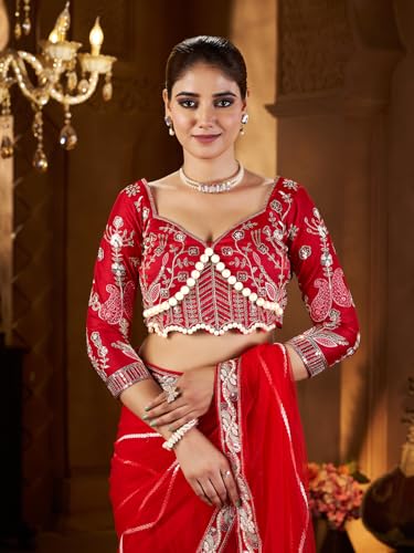 Image of Pandadi Saree Women's Net Embroidery Work Saree With Unstitched Blouse Piece