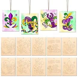 COCHIE 10 Pieces Large Mardi Gras Unfinished Wood Crafts to Paint for Adults, Bulk Predrilled Wooden Ornaments for Painting, Butterflies Paintable Wood Slices Craft Supplies with Ropes