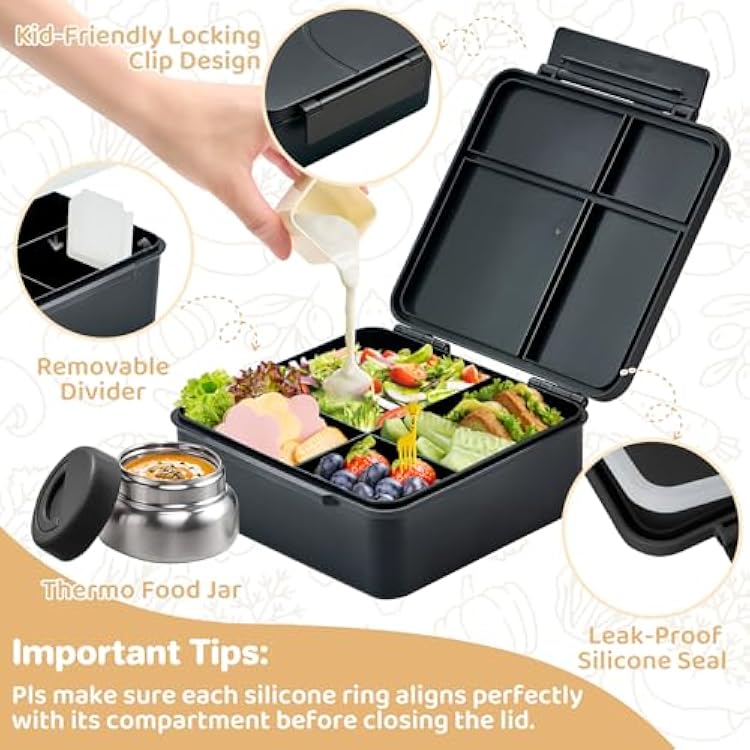 JSLOVE Bento Lunch Box with Leak Proof Thermos Food Jar for Kids, Food Lunch Containers for Boys with 4 Compartments, BPA-Free with Utensils, Food Picks, Sauce Jar & Silicone Lunch Box Dividers