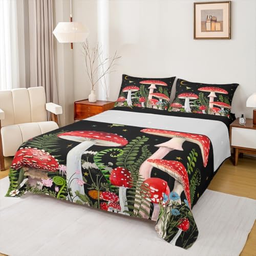 Red Mushroom Bed Sheet Set 4 Piece,Magical Plant Snail Sheets King Size Bed Set,Jungle Botanical Bedding Set with 1 Flat Sheet,1 Fitted Sheet,2 Pillow Cases