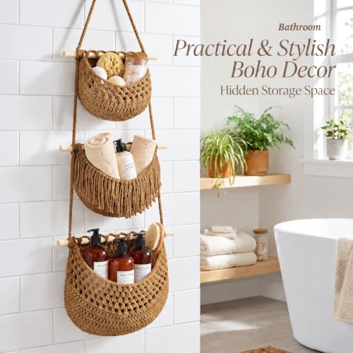 GLDFI Boho Style Handwoven Rope Hanging Basket - 3-Tier Detachable Storage Organizer for Kitchen/Bathroom/Entryway, 3 Included Heavy-Duty Hooks, 7 Color Options Available (Brown) by GLDFI - Used condition - Image 4
