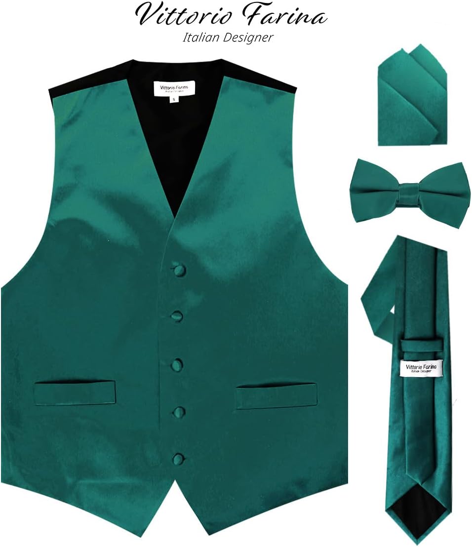 Solid Color Satin Suit Vest for Men Set of 4 - Vest, Tie, Bow Tie & Pocket Square (Black Back)