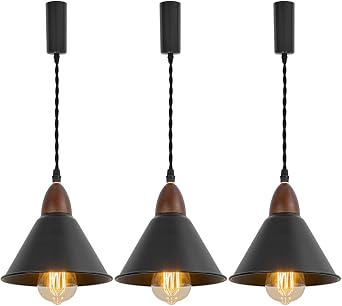 H-Type Track Lamp 3.2 Ft Adjusted Cord E26 Walnut Base Black Metal Lampshade Vintage Track Pendant Light for Home Kitchen Farmhouse Set ThreeNo Bulb, Track