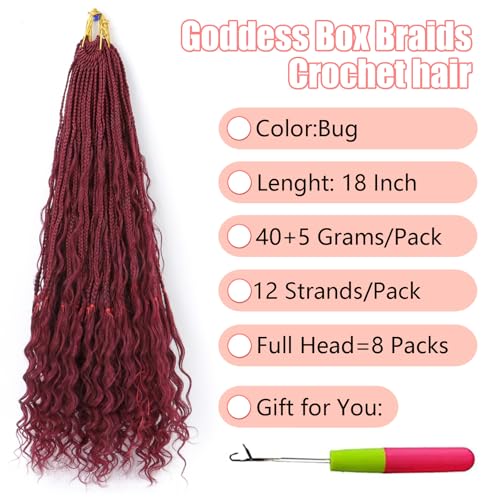 IXIMII Burgundy Boho Crochet Box Braids with Human Hair Curls Deep Wave Pre-Looped Goddess Bohemian Braids Crochet Hair Handmade Curly Ends Hair Extensions For Women 18inch 8packs 96strands Bug# — view 3