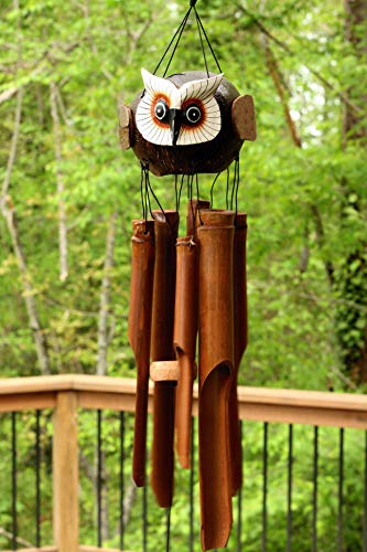 G6 COLLECTION Handmade Wooden Owl Bamboo Wind Chime Wood Statue Figurine Hoot Sculpture Art Decorative Rustic Patio Garden Outdoor Decor Handcrafted Decoration (Flying Owl Chime)
