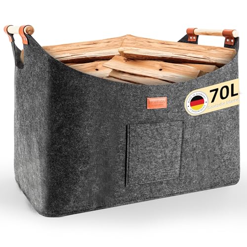 Nordkai Filztasche XXL – Faltbarer Kaminholzkorb & Einkaufskorb aus Hochwertigem Filz – 70L Große Aufbewahrungstasche für Brennholz, Bücher, Spielzeug – Robust, Formstabil & Pflegeleicht, Grau