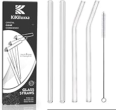 KiKiluxxa Glass Straws with Cleaning Brush -2Bent+2StraightTransparent Straws & 1 Cleaner - Pack of 5pcs- Clear Reusable Straw for Tea Coffee Sipper -Tumbler-Straw Mug (BC4+1)