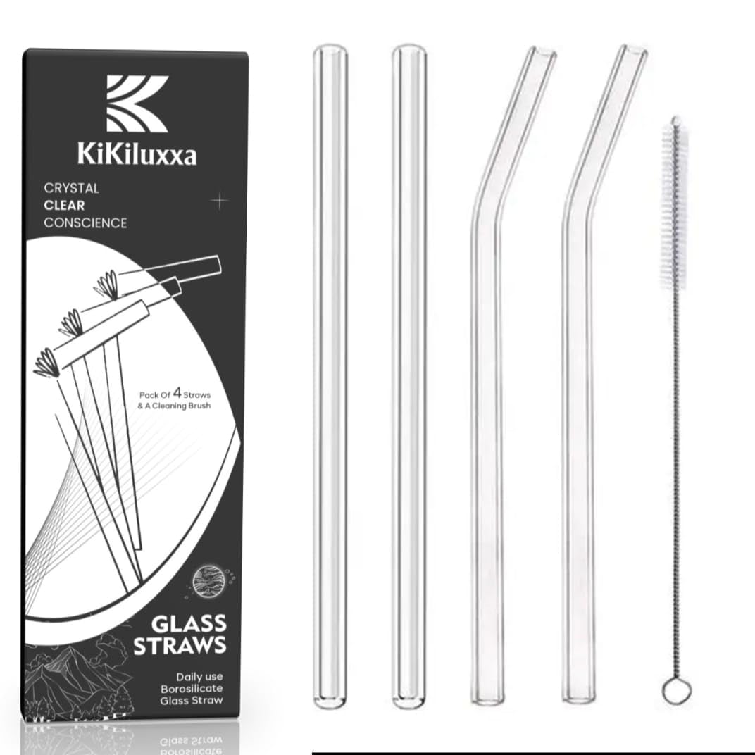 KiKiluxxa Glass Straws with Cleaning Brush -2Bent+2StraightTransparent Straws & 1 Cleaner - Pack of 5pcs- Clear Reusable Straw for Tea Coffee Sipper -Tumbler-Straw Mug (BC4+1)