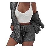 HRESSLBD Women's Fuzzy 3 Piece Lounge Set Women Shorts, Women's Three Piece Cozy Outfit Sexy Fuzzy Open Front Cardigan Crop Vest Shorts Fleece Lounge Pajamas Set (Dark Gray, S)
