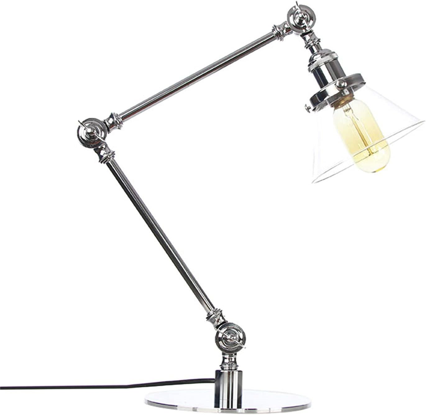 Makeup Table Lamp, Adjustable Swing Arm Metal Retro Desk Lamp with Clear Glass Shade, Vintage E26 Reading Lighting for Bedroom Bedside,Chrome