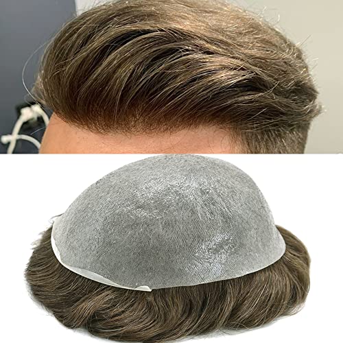 Mens Toupee Human Hair Replacement System for Men V-Looped Thin Skin Hair Piece Toupee for Men Human Hair Wigs Units for MenLight Density Mens Wig #720 Very Light Brown+20% Gray
