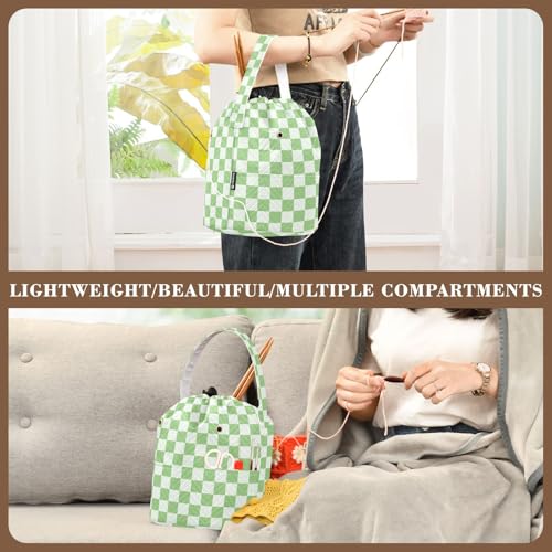 Image of Checkered Light Green Crochet Yarn Bag with Handle Portable Knitting Project Bag Travel Yarn Storage Organizer Holder Case Women Men Gifts