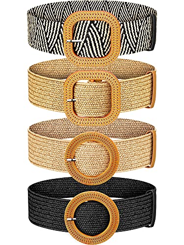 Geyoga 4 Pieces Women Straw Woven Elastic Stretch Waist Belt Women Skinny Dress Belt Wooden Style Buckle Waist Dress Band for Women