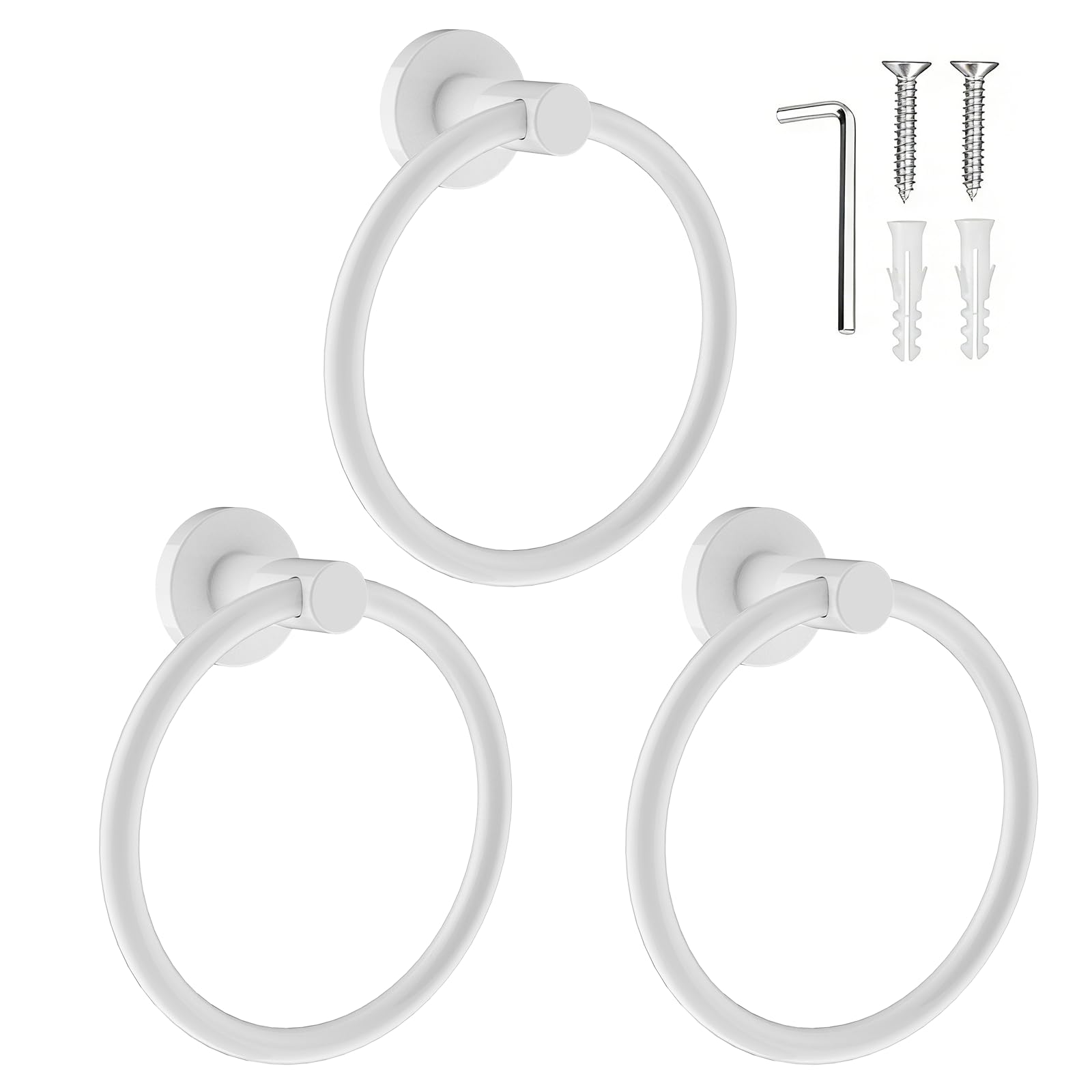 SetSail Towel Holder for Bathroom Wall White Towel Ring Stainless Steel Hand Towel Holder Screw-in Towel Hanger for Bathrooms, 3 Packs
