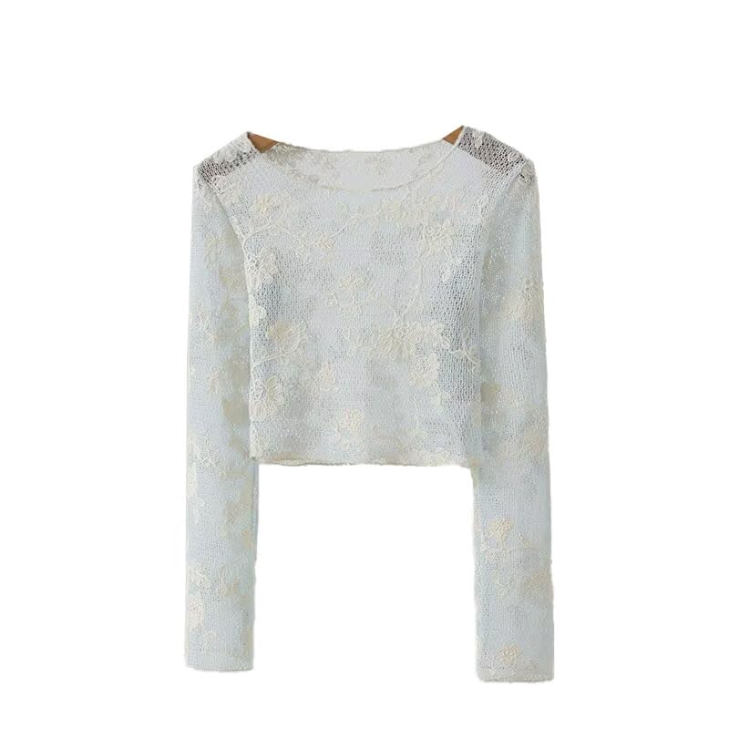 Image of ICW Women Long-Sleeves Boat Neck Transparent Mesh Sheer Floral Embroidery Crop Top T-Shirt DN648