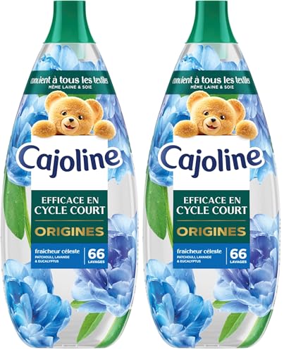 Cajoline Adoucissant linge liquide Fraîcheur Céleste Origines conçu cycle court adapté même à laine et soie, testé dermatologiquement, sans colorant, 66 lavages 1,254L (Lot de 2)
