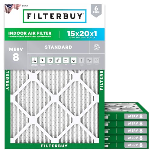 Filterbuy 15x20x1 Air Filter MERV 8 Essential Dust & Allergy Defense (6-Pack), Electrostatic Pleated HVAC AC Furnace Filters Replacement (Actual Size: 14.50 x 19.50 x 0.75)