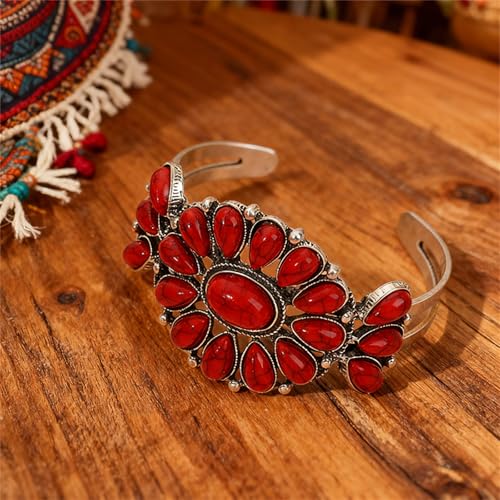QLYOVWE Bohemian Western Natural Turquoise Jewelry Set for Women Handmade Y-shaped Necklace Vintage Cowgirls Silver Geometric Flower Earrings Boho Ethnic Bracelet Trendy Gifts (Red) by QLYOVWE - Used condition - Image 7