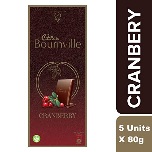 Image of Cadbury Bournville Rich Cocoa Dark Chocolate Bar, 80 gm (Pack of 5) & Bournville Cranberry Dark Chocolate Bar, 80g (Pack of 5)