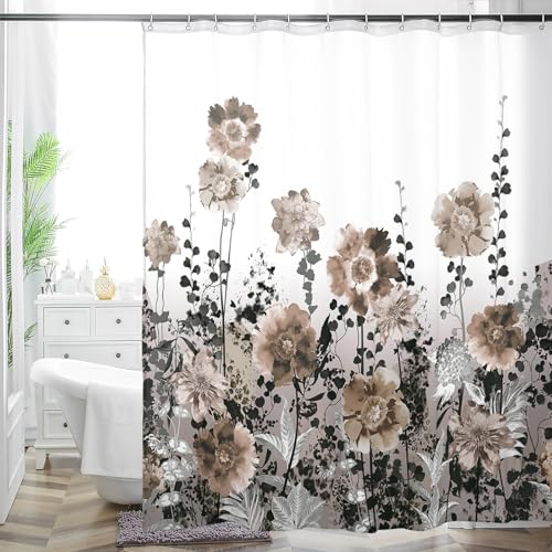 MACOFE Nature-Inspired Elegant Floral Shower Curtain, Brown and Gray Botanical Print Fabric Bathroom Decor, Waterproof & Washable Shower Curtain Set with Hooks, 72x72 Inch