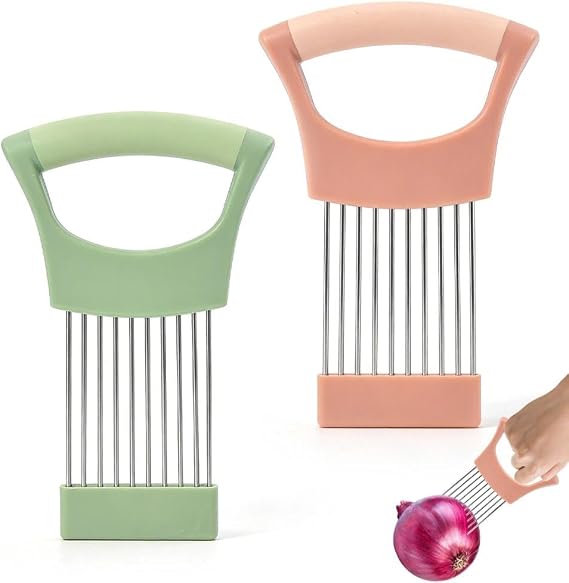 2 PCS Onion Slicer, Slicer, Stainless Steel Kitchen Gadgets for Slicing Cutting Onions Carrot Tomato Potato Fruit Meat (Pink, Green)