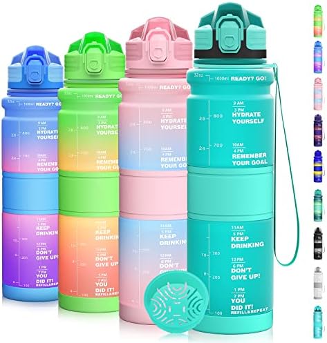 Coolfel 500ml/1l Water Bottles, Motivational Water Bottle with Time Markings, BPA Free Leakproof Sports Drinks Bottle Time Marked Daily for Kids Gym Running Fitness