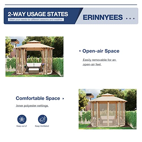 Erinnyees 12'X10' Patio Gazebo, Heavy Duty Outdoor Canopy With Mesh Curtains And Safety Bars, Canopy Tent With Waterproof Double Roof Tops, For Garden, Backyard,Parties, Deck, Khaki #TOP4
