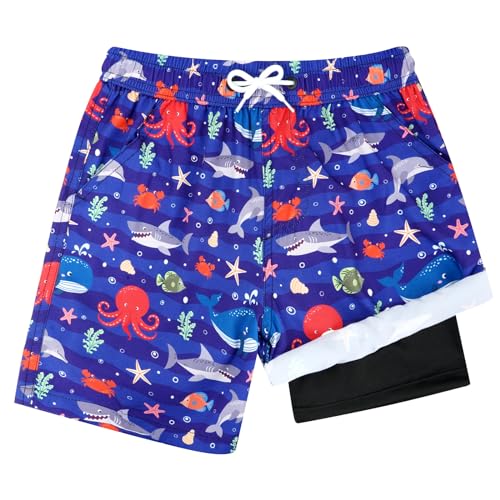 JiAmy Bañador Niños 2 en 1 Pantalones Cortos de compresión con Bolsillos y Cintura elástica Bañador de Secado rápido Bañador de Playa Boardshorts para niños Adolescentes 10-12 años