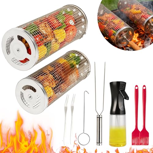 Rolling Grilling Basket for Outdoor Grilling,9-Piece Stainless Steel BBQ Accessories Set,Perfect Gifts for Men Dad Husband,Portable Camping Nesting Grill Baskets for Fish, Shrimp, Meat, Vegetables — view 2