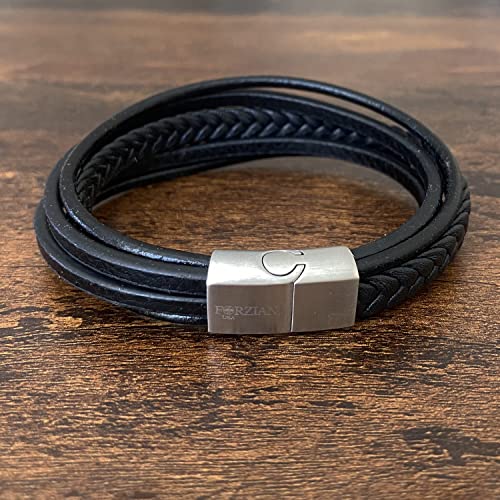 Forziani High Quality American Cowhide Black Leather Bracelet For Men - Woven Multi-Layer Wrap Braided Mens Wristband Stainless Steel Clasp - Sz Medium - Gifts For Men - Gift Box Packaging Included #TOP6